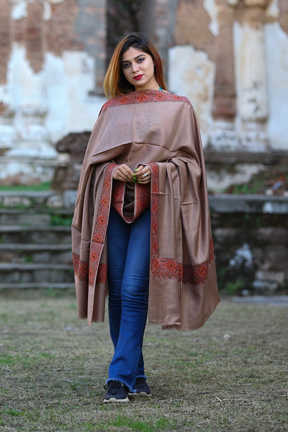 Burning Brown Colour Kashmiri Sozni Shawl Embellished