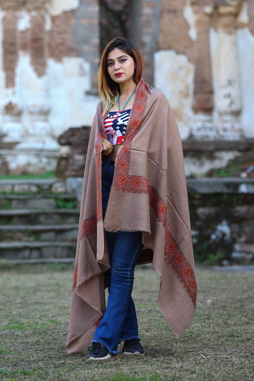 Burning Brown Colour Kashmiri Sozni Shawl Embellished