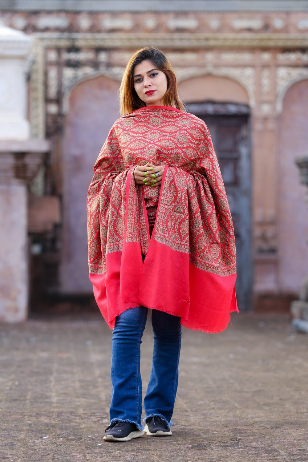 Burning Red Colour Embroidered Sozni Shawl Enriched