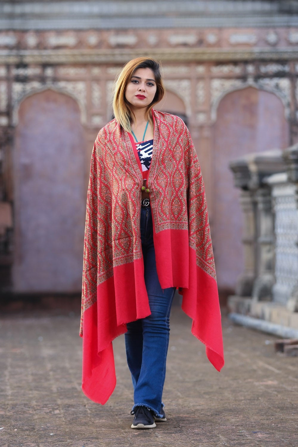 Burning Red Colour Embroidered Sozni Shawl Enriched