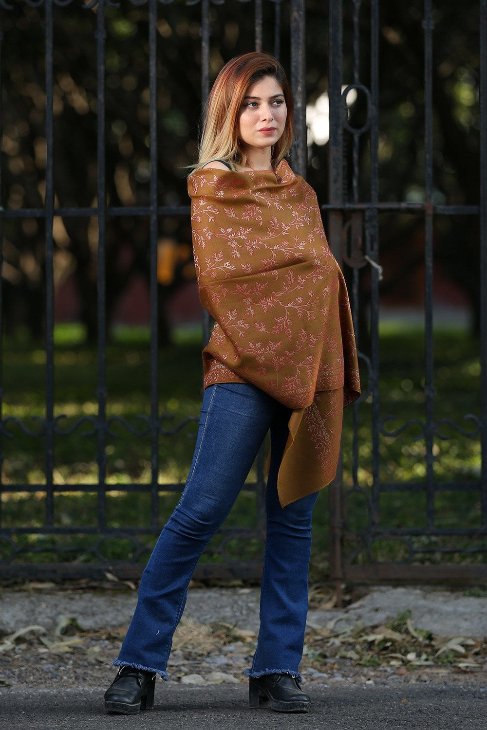 Caramel Brown Color Kani Stole With Graceful Dense Zari