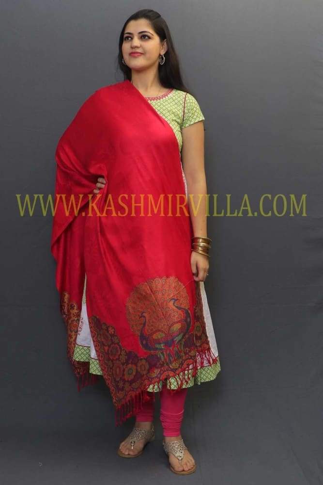 Carrot Colour Soft Textured Wrap With Peacock Printing