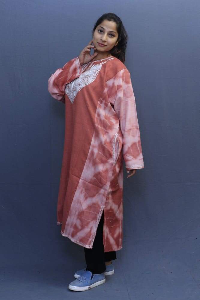 Carrot Colour Tye And Dye Phiran With Tilla Embroidery