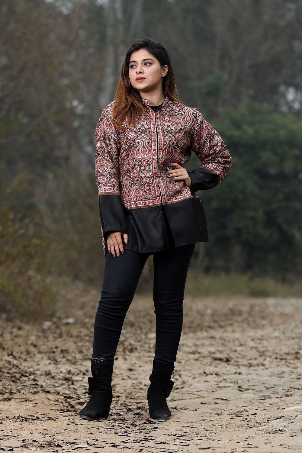 Charcoal Black Colour Jamawar Woven Jacket With Beautiful