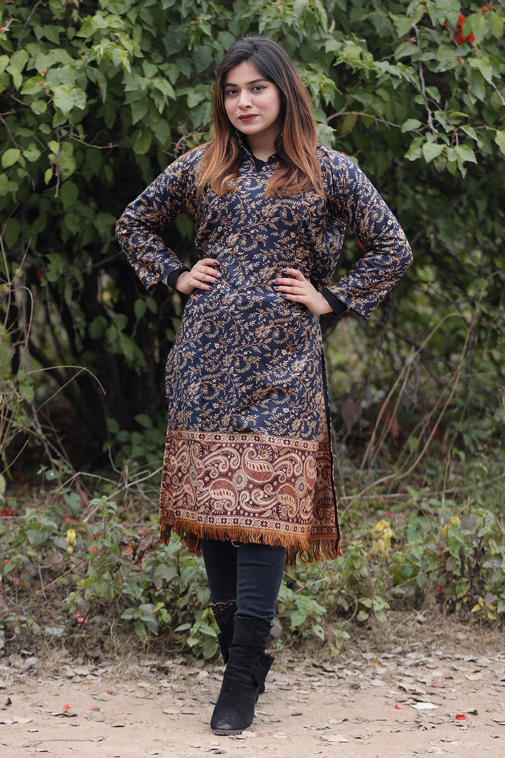 Charcoal Black COLOUR KASHMIRI WOVEN KURTA WITH NEW DESIGNER
