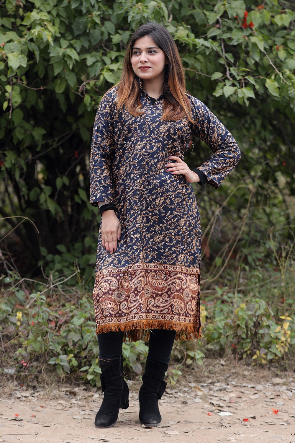 Charcoal Black COLOUR KASHMIRI WOVEN KURTA WITH NEW DESIGNER