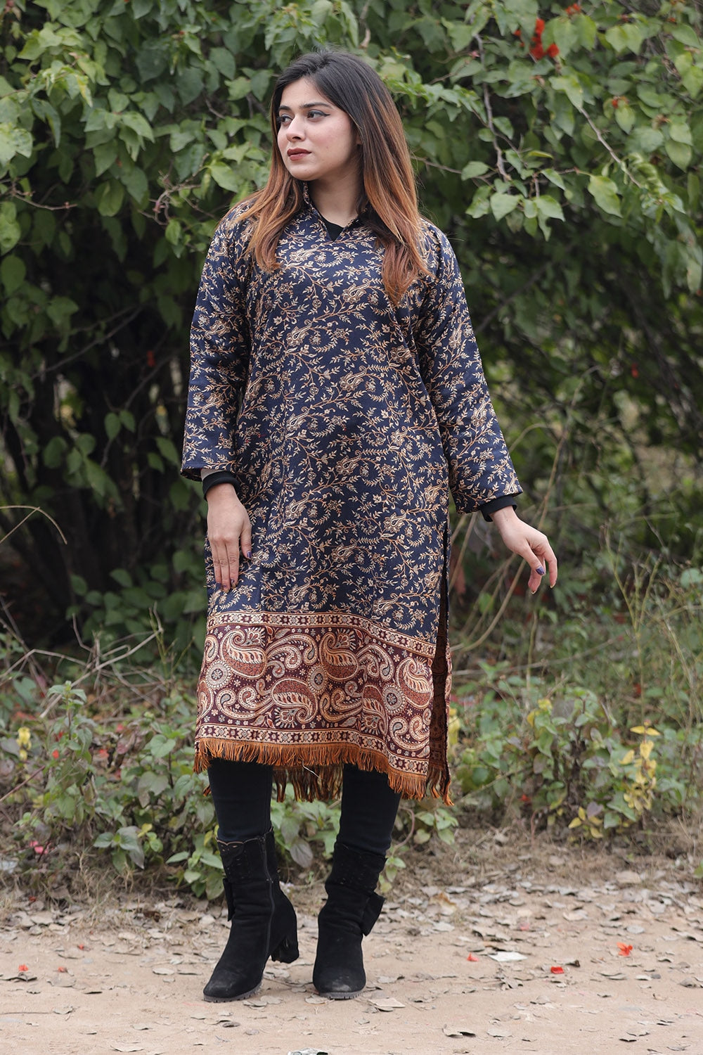 Charcoal Black COLOUR KASHMIRI WOVEN KURTA WITH NEW DESIGNER