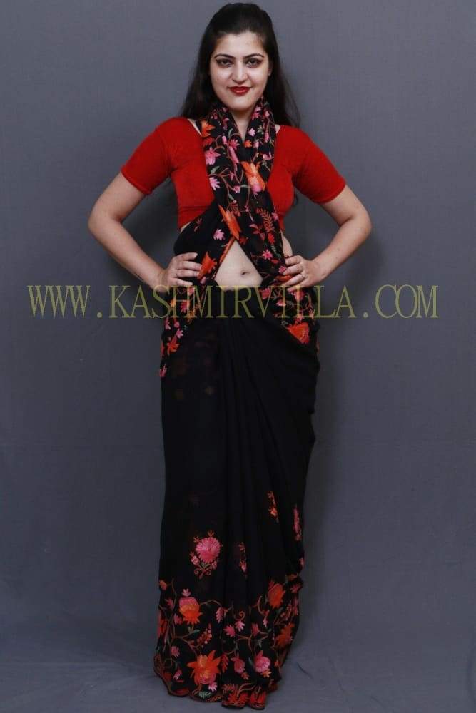 Charcoal Black Colour Saree With Dense Aari Jaal On Pallu