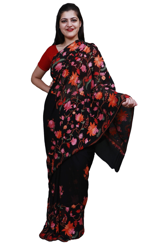 Charcoal Black Colour Saree With Dense Aari Jaal On Pallu