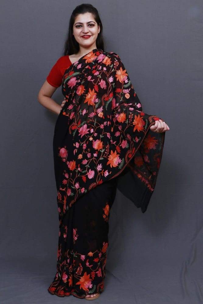 Charcoal Black Colour Saree With Dense Aari Jaal On Pallu