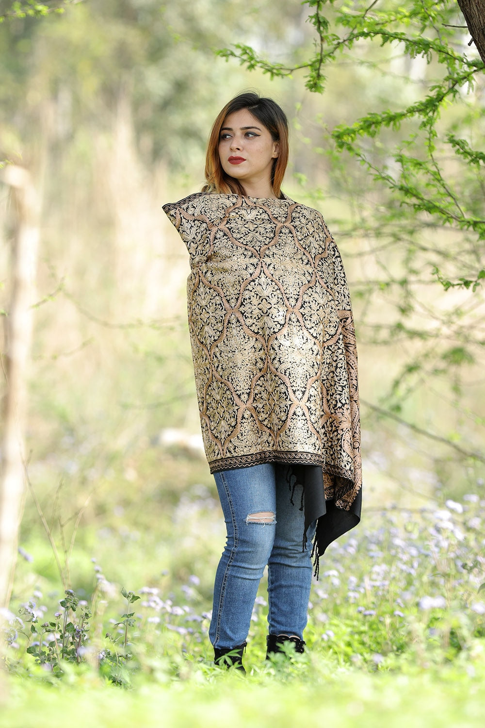 Charcoal Black Colour Stole With Graceful Dense Jaal Pattern