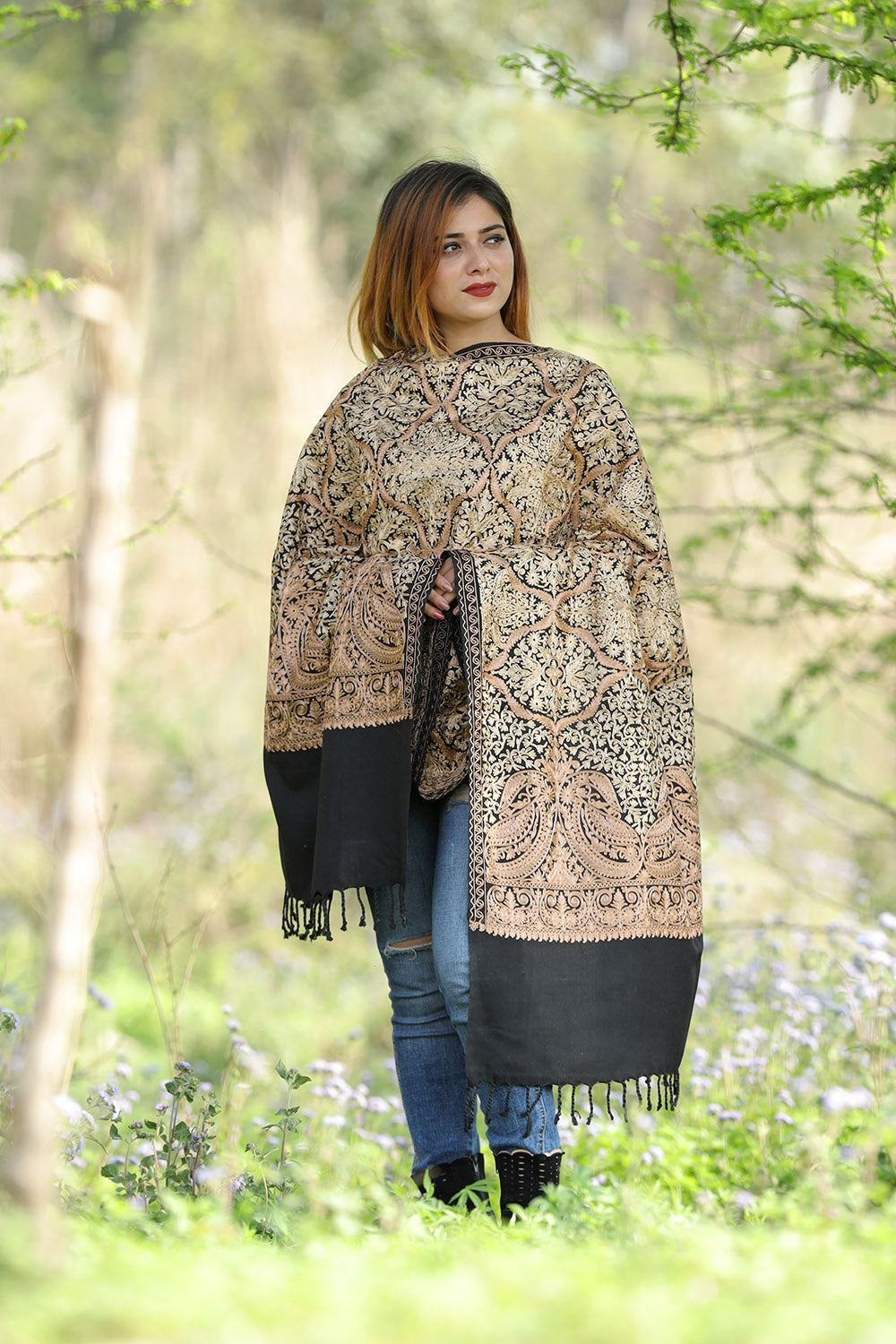 Charcoal Black Colour Stole With Graceful Dense Jaal Pattern