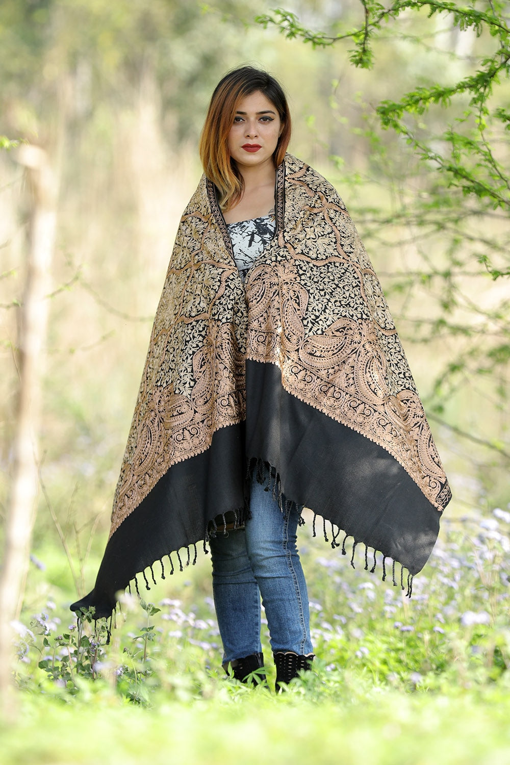 Charcoal Black Colour Stole With Graceful Dense Jaal Pattern