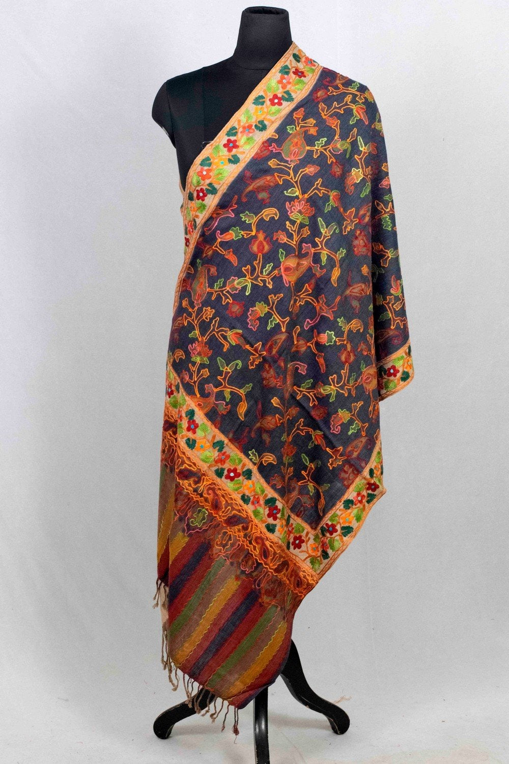 Charcoal Grey Color Aari Work Embroidered Stole Enriched