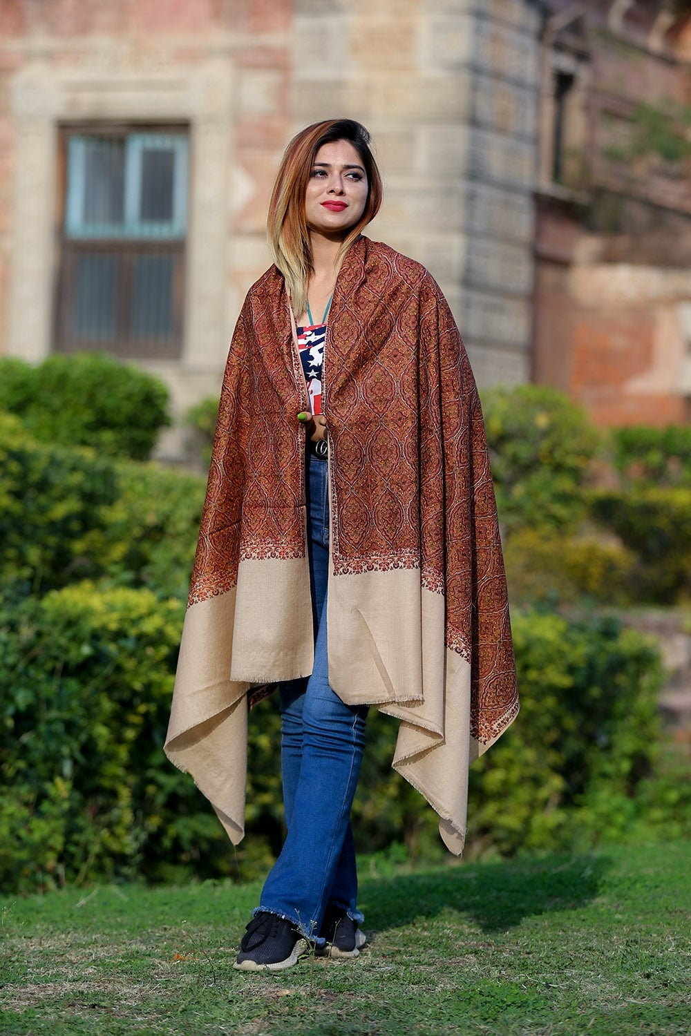 Charismatic Beige Colour Embroidered Sozni Shawl Enriched