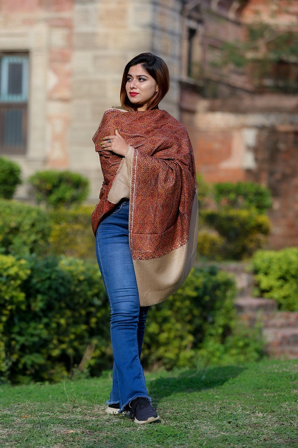 Charismatic Beige Colour Embroidered Sozni Shawl Enriched