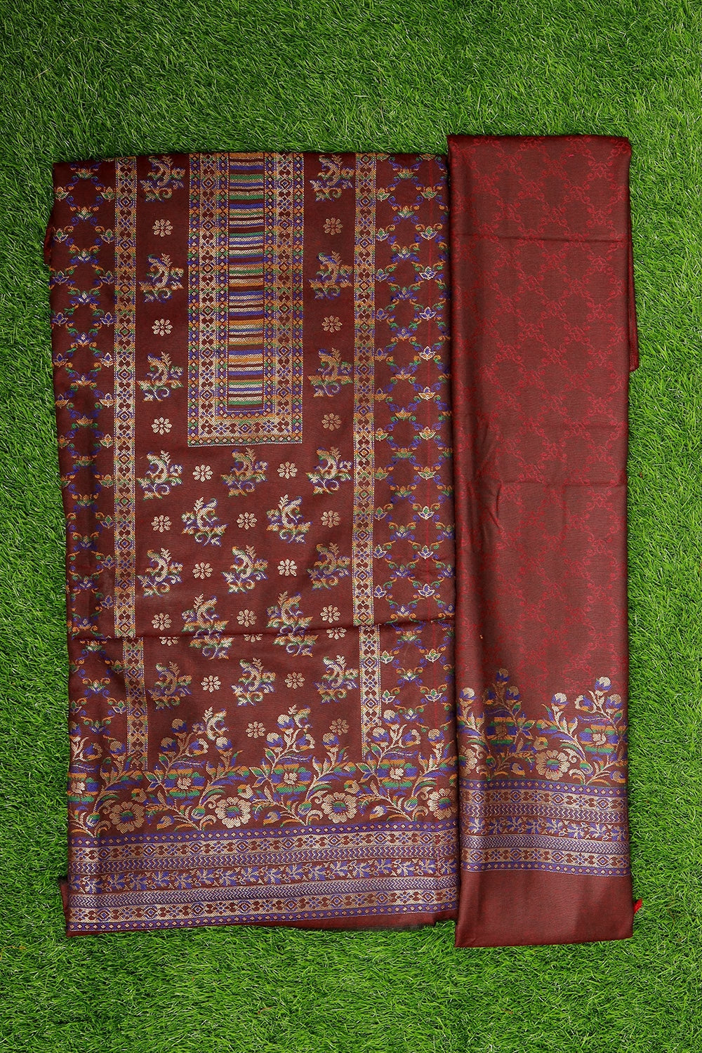 Charismatic Burgundy Colour Cotton Zari Kani Stole Suit