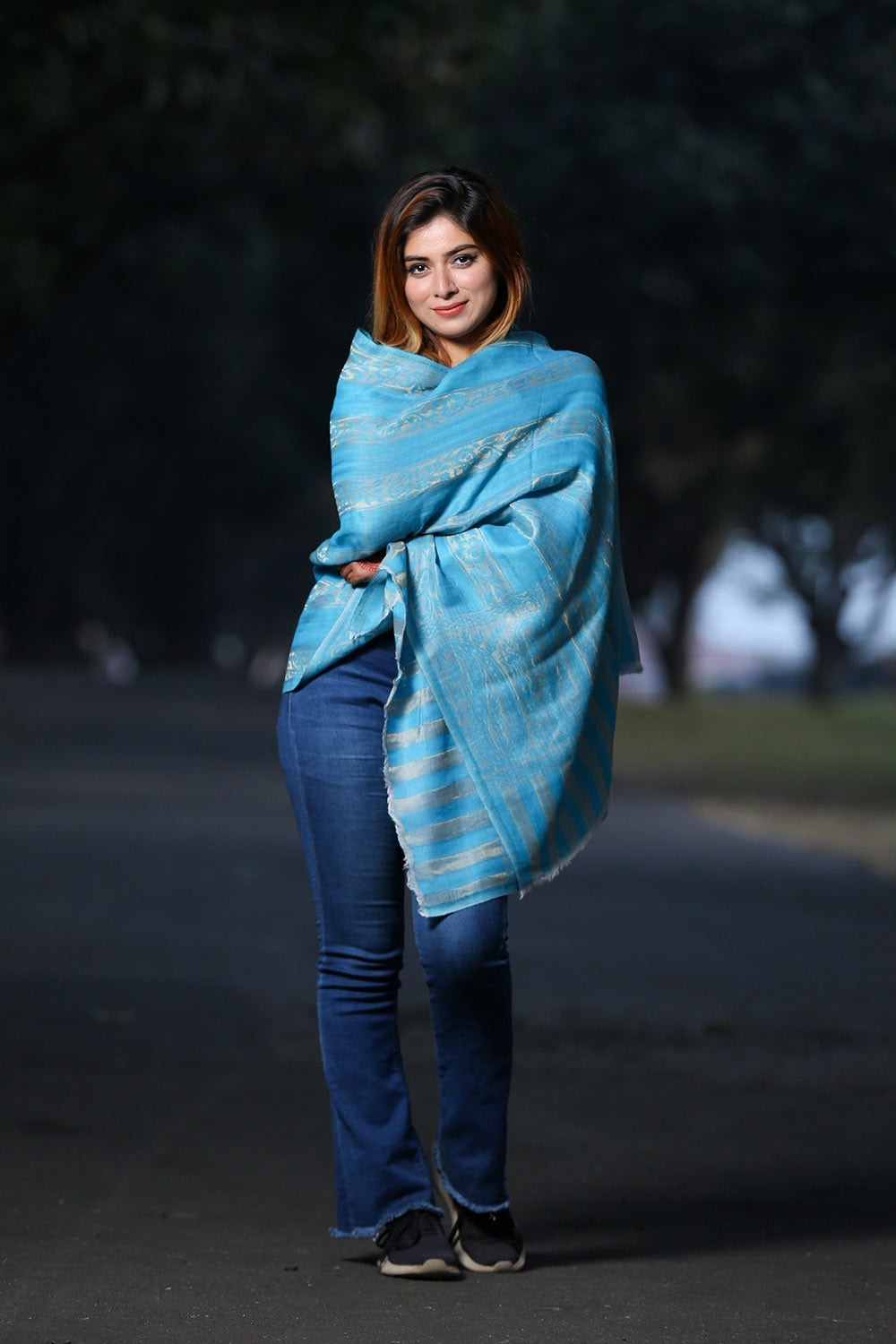 CHARISMATIC FIROZI BLUE COLOUR ZARI KASHMIRI STOLE DEFINES