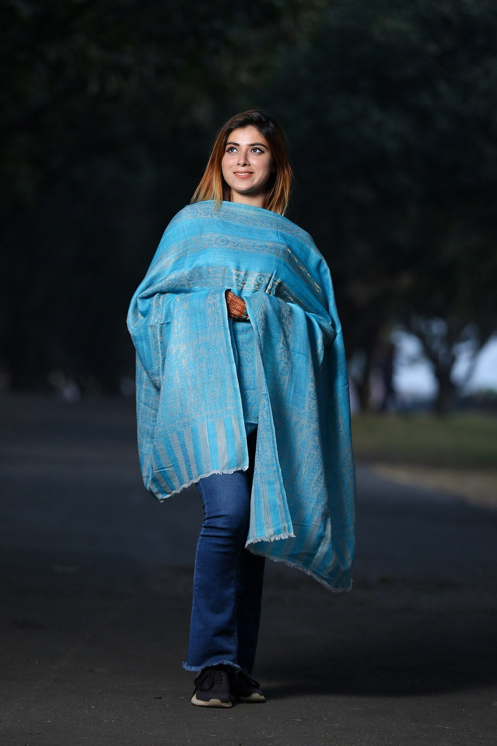 CHARISMATIC FIROZI BLUE COLOUR ZARI KASHMIRI STOLE DEFINES