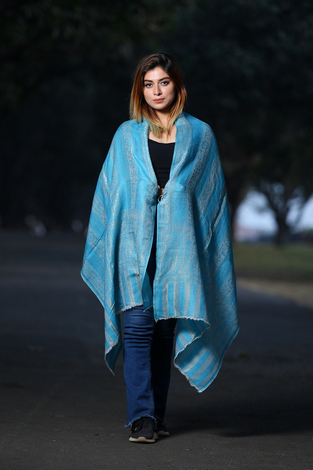 CHARISMATIC FIROZI BLUE COLOUR ZARI KASHMIRI STOLE DEFINES