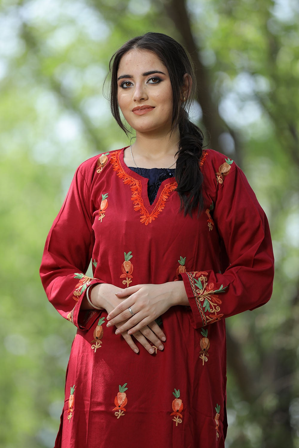 Charismatic Maroon Colour Cotton Kurti With Kashmiri Motifs