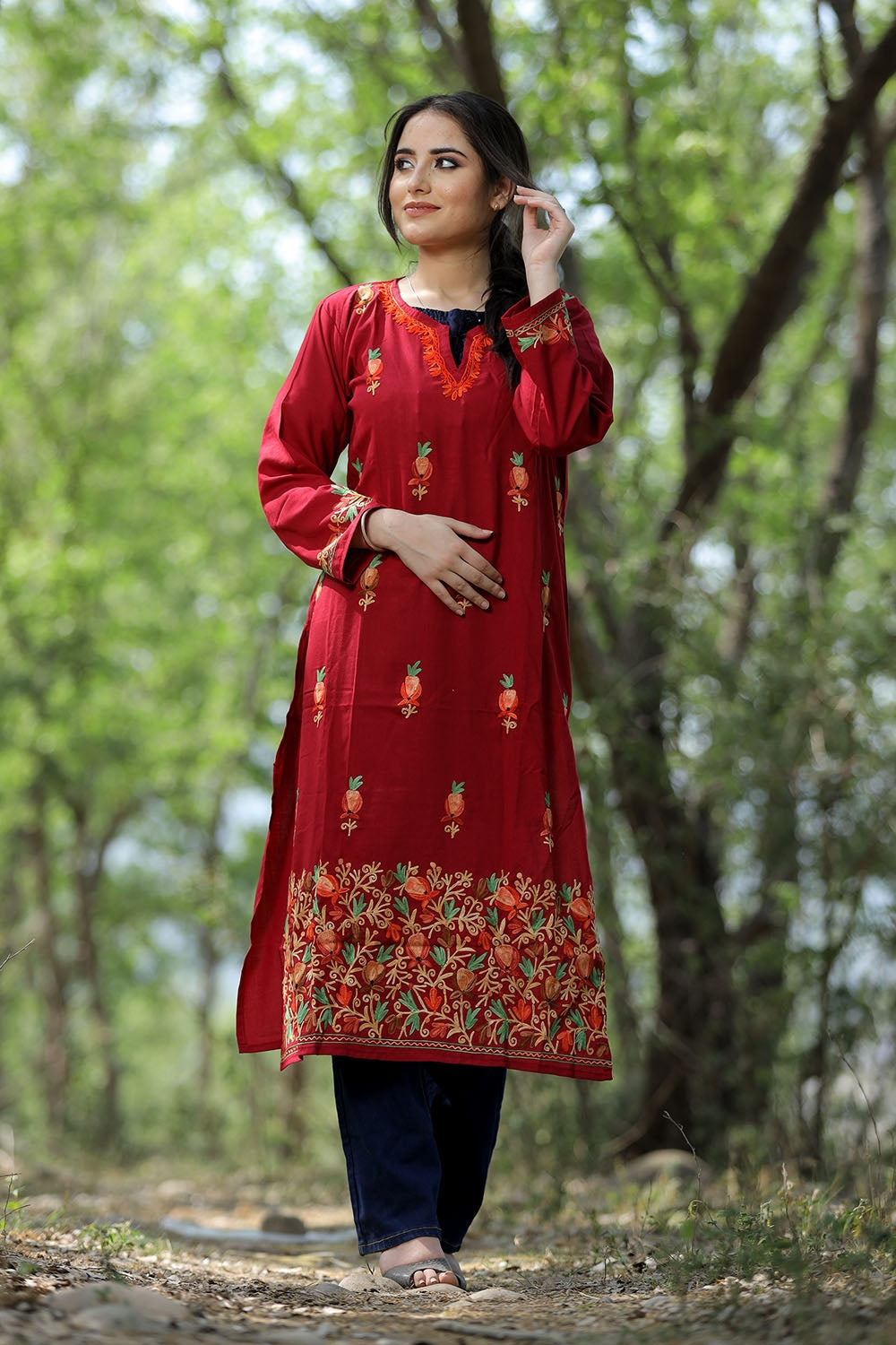 Charismatic Maroon Colour Cotton Kurti With Kashmiri Motifs