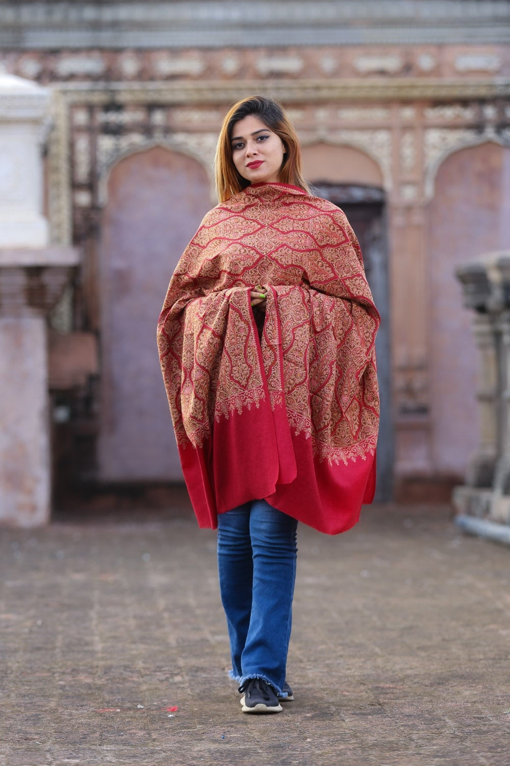 Charismatic Maroon Colour Embroidered Sozni Shawl Enriched