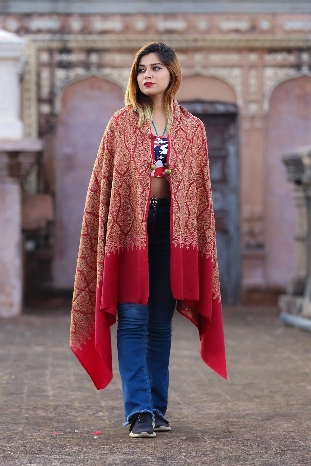 Charismatic Maroon Colour Embroidered Sozni Shawl Enriched