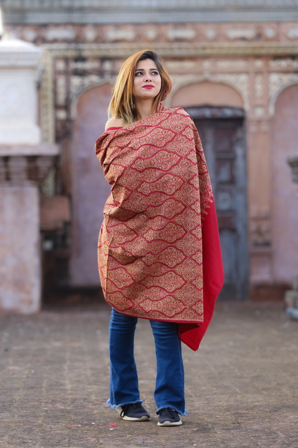 Charismatic Maroon Colour Embroidered Sozni Shawl Enriched