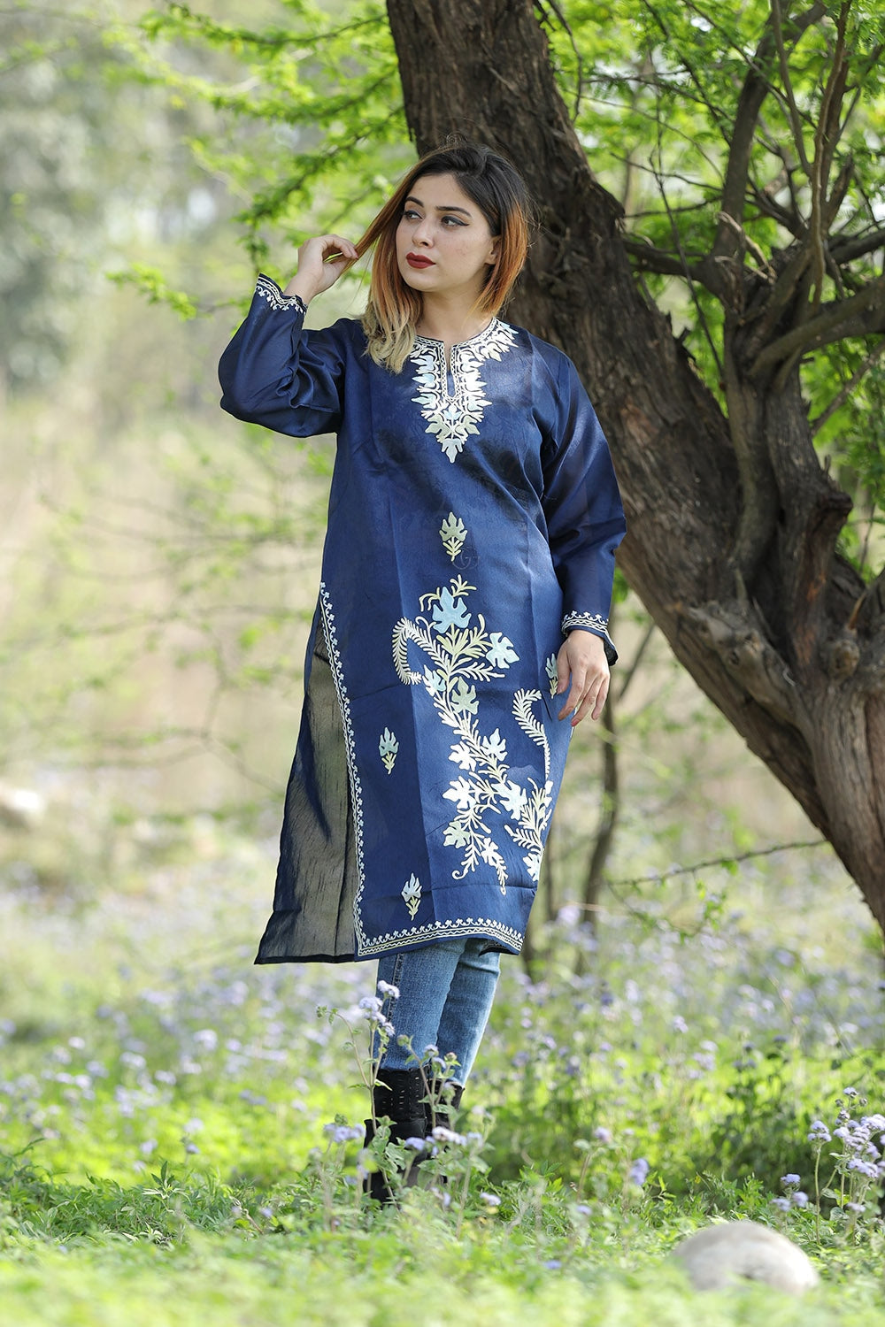 Charismatic Navy Blue Colour Rayon Silk Kurti