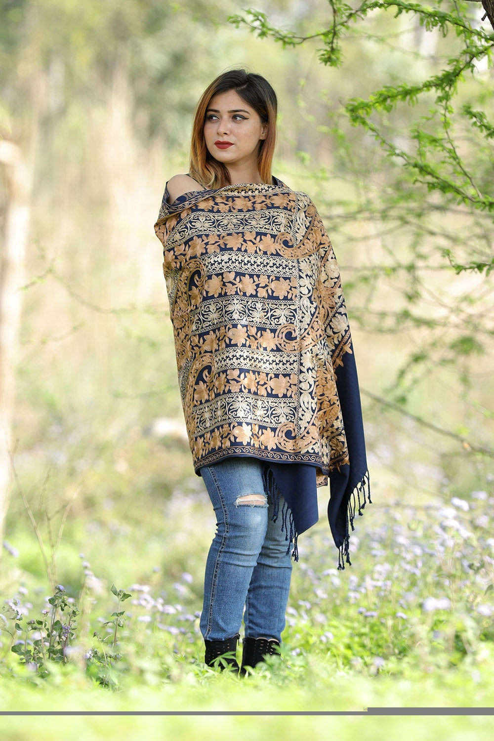 Charismatic Navy Blue Stole With Graceful Dense Jaal
