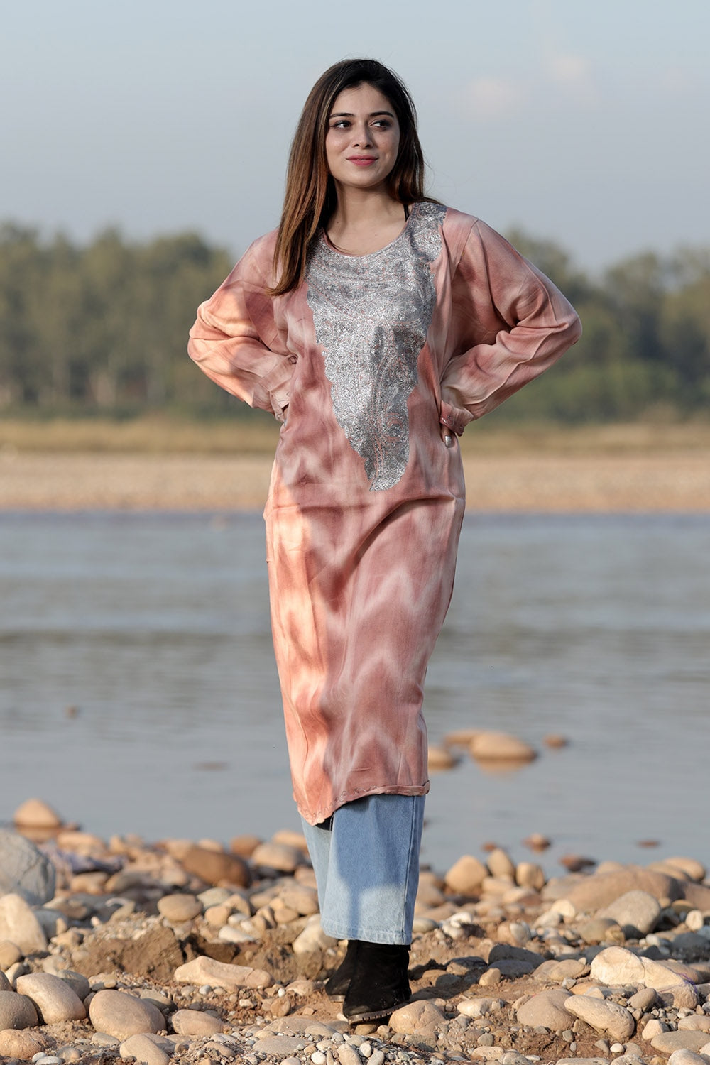 CHARISMATIC RUST COLOUR TIE DYE Aari Tilla Work Embroidered