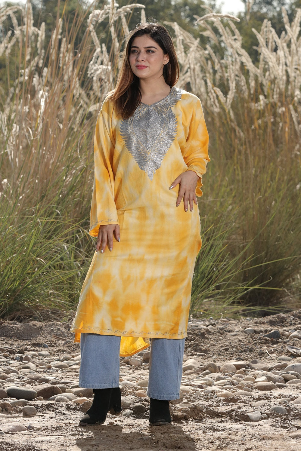 CHARISMATIC YELLOW TIE DYE Colour Aari Tilla Work