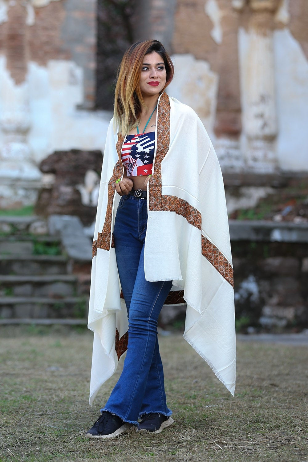 Charming White Colour Kashmiri Sozni Shawl Emblished