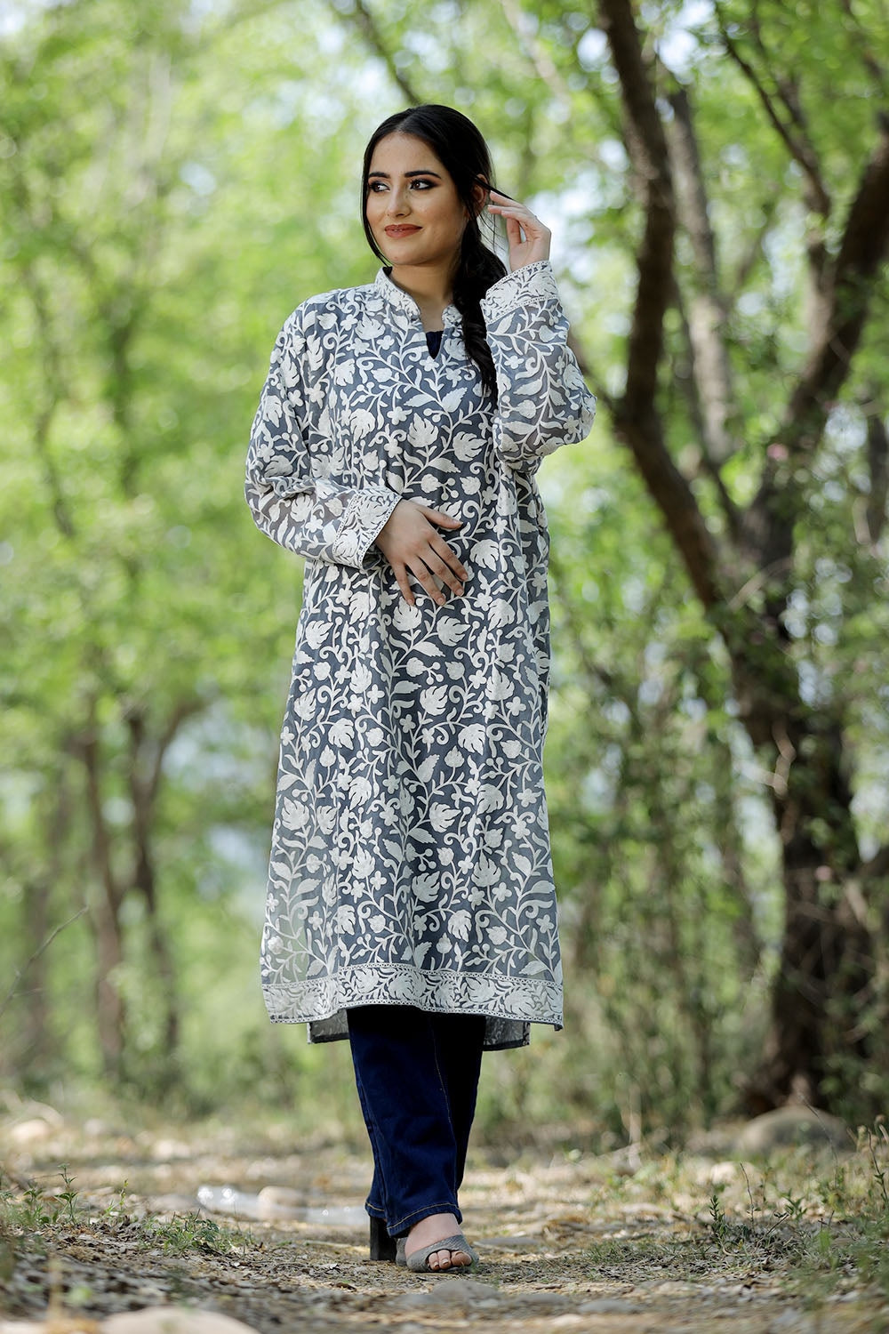 Classy Ash Grey Colour Kashmiri Embroidered Georgette Kurti
