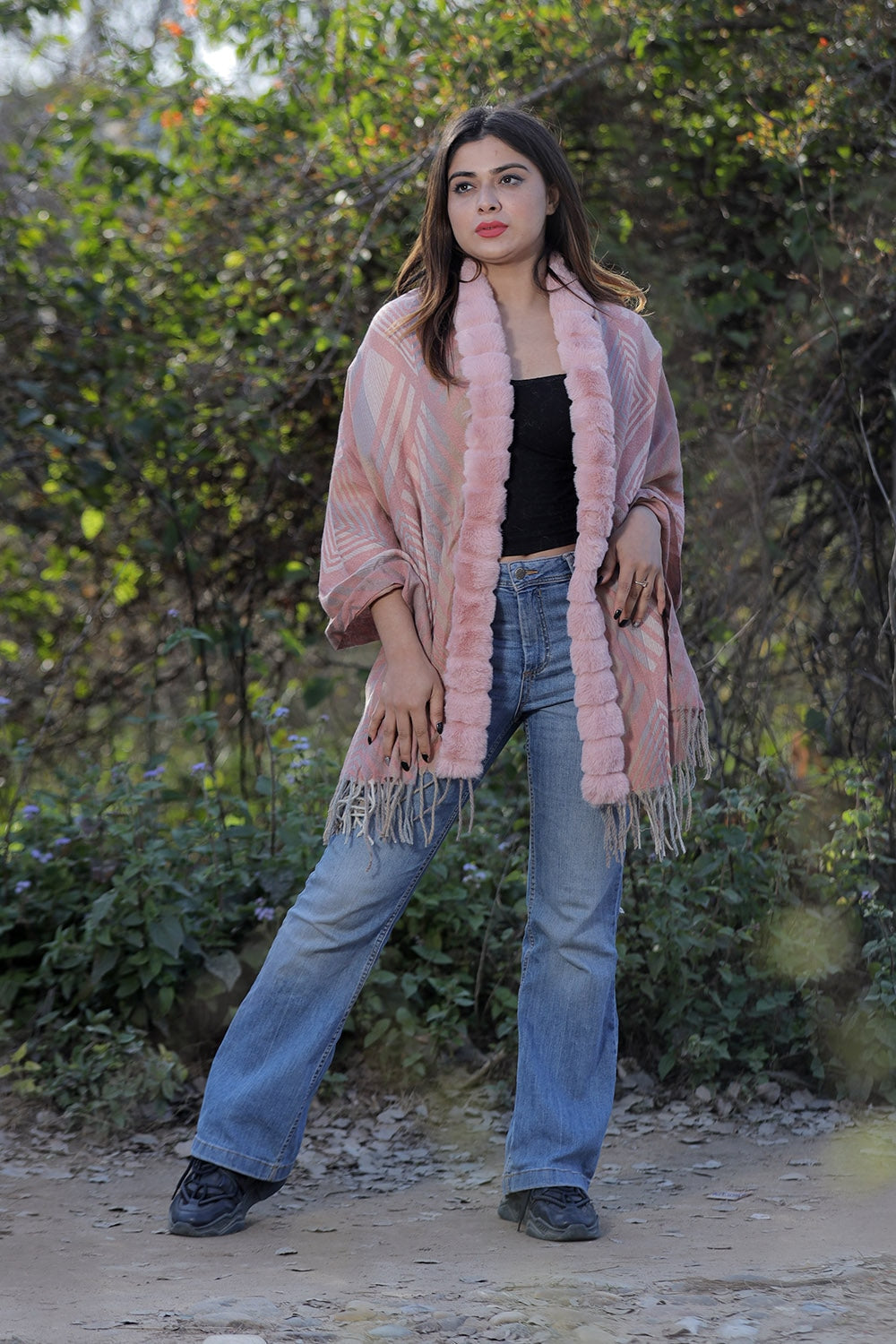 Classy Pink & Grey Colour Woollen Cashmere Faux Fur Cape