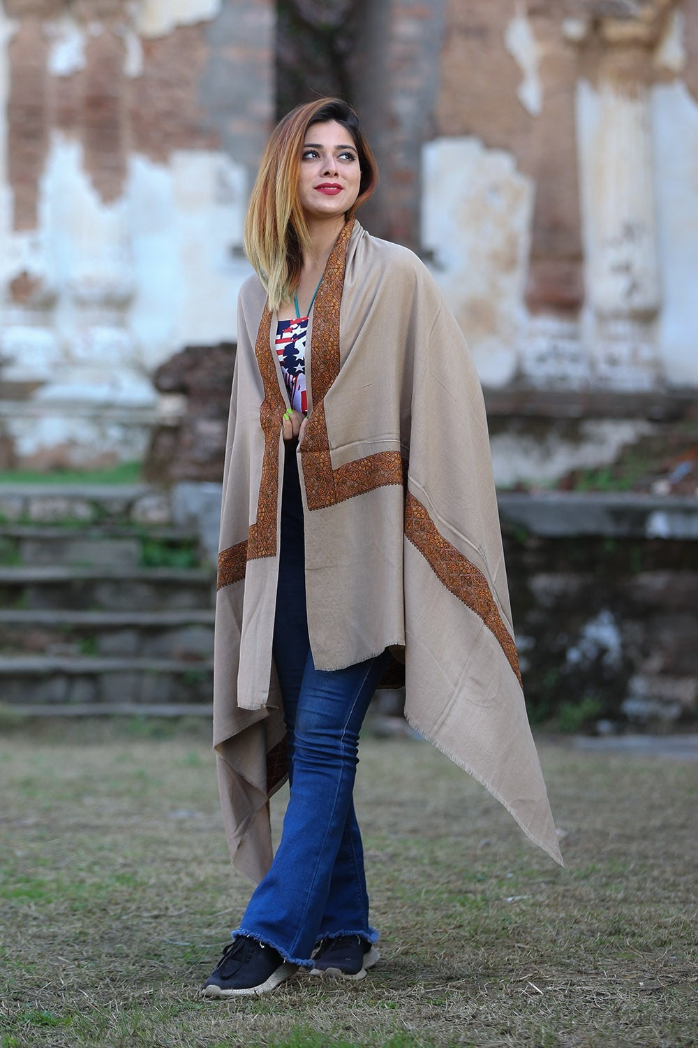 Classy Shade Of Brown Colour Kashmiri Sozni Shawl