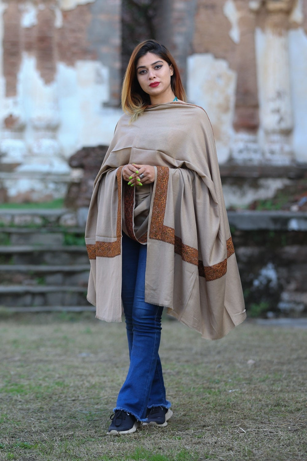 Classy Shade Of Brown Colour Kashmiri Sozni Shawl