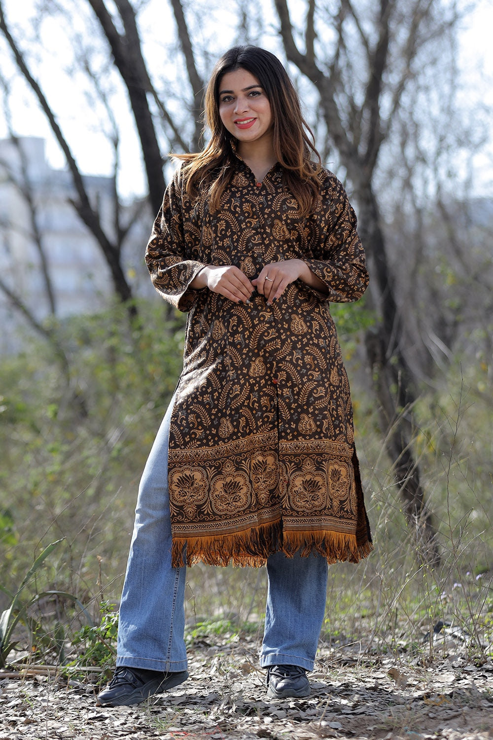 Coffee Brown Color Kashmiri Woven Sherwani With Paisleys