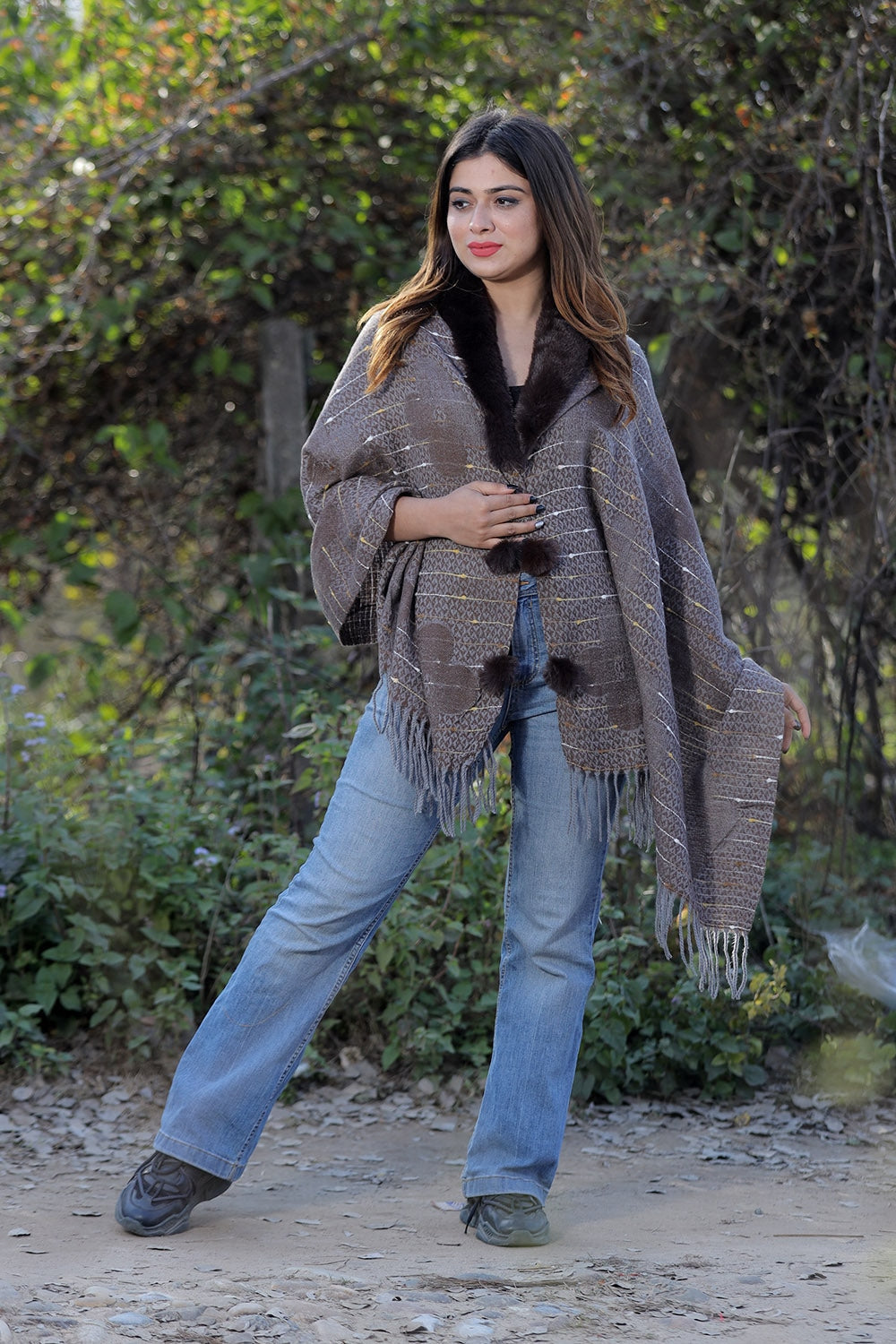 Coffee Brown Colour Woollen Cashmere Faux Fur Cape Stole.