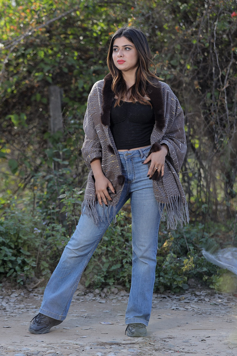 Coffee Brown Colour Woollen Cashmere Faux Fur Cape Stole.