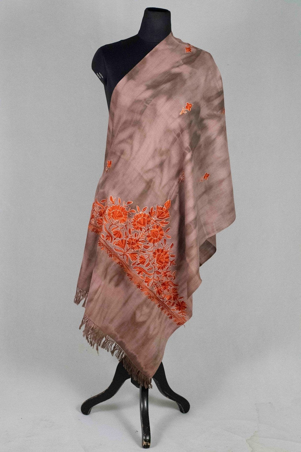 Coke Colour Tye Dye Stole With kashmiri Embroidery