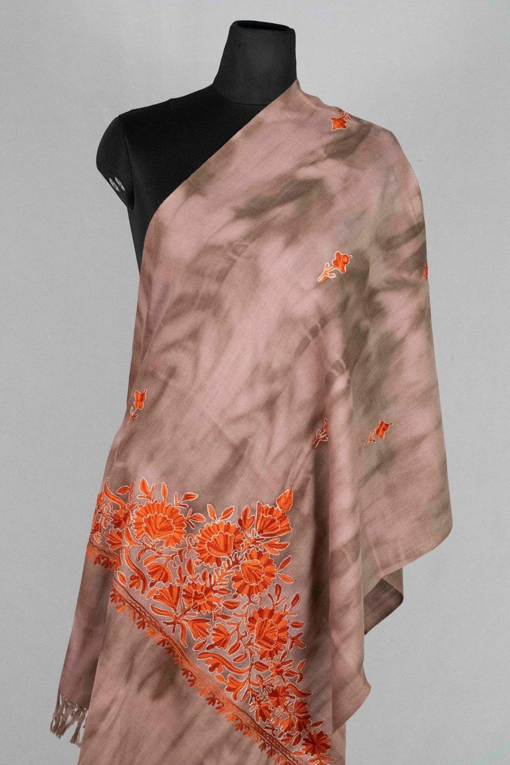 Coke Colour Tye Dye Stole With kashmiri Embroidery