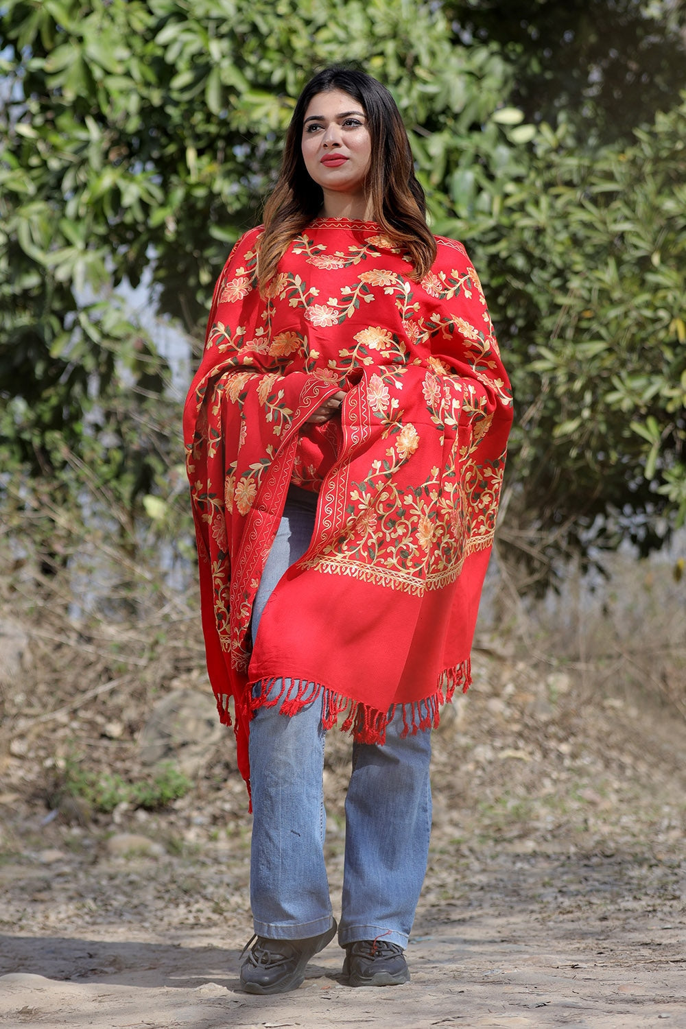 Red Color Aari Work Embroidered Shawl Enriched With Running