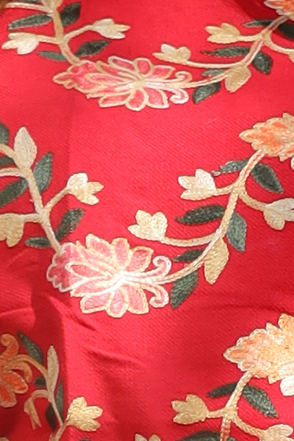 Red Color Aari Work Embroidered Shawl Enriched With Running