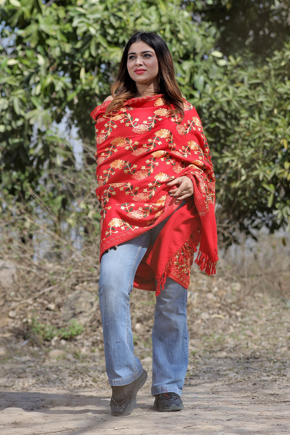 Red Color Aari Work Embroidered Shawl Enriched With Running