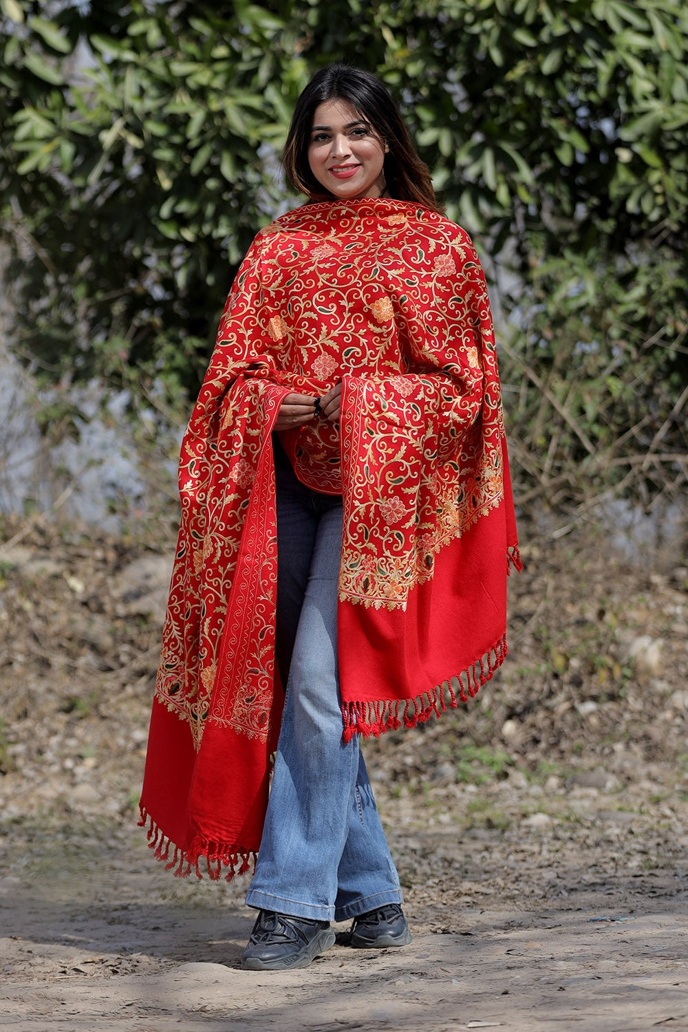 Red Color Aari Work Embroidered Shawl Enriched With Running