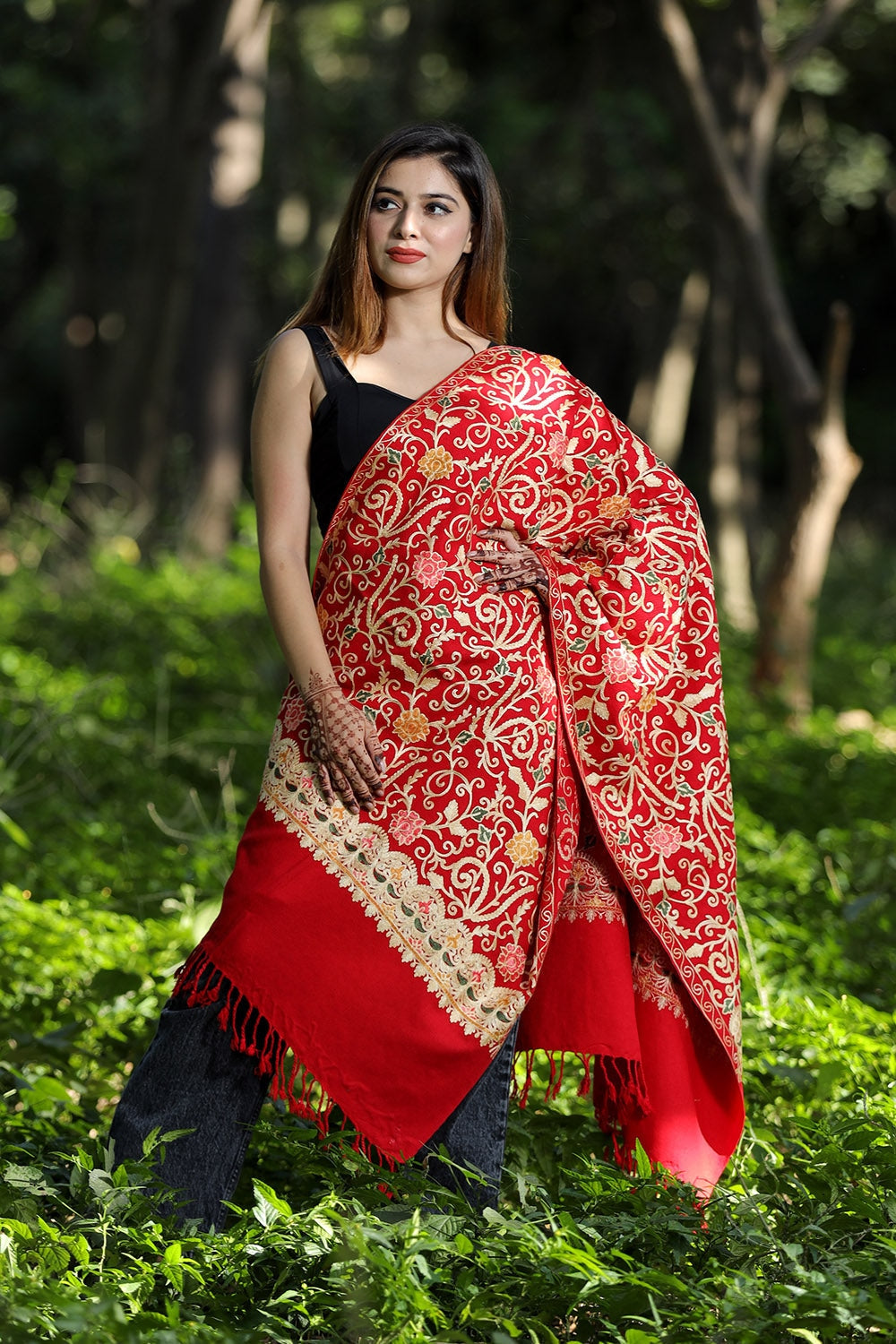 Red Colour Wolen Base With Rich All Over Kashmiri Jaal