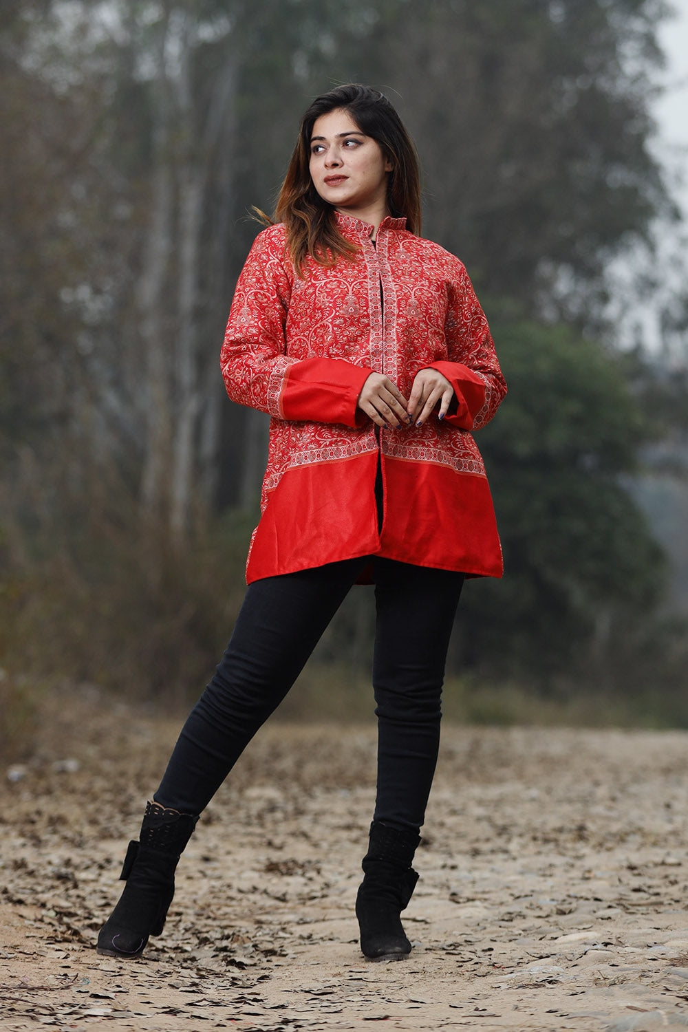 Red Colour Jamawar Woven Jacket With Beautiful Designer