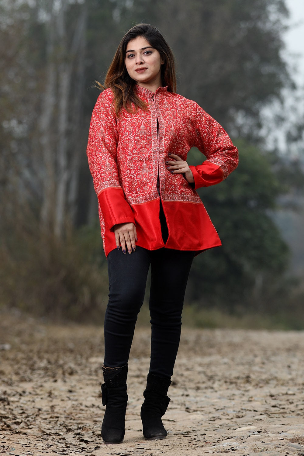 Red Colour Jamawar Woven Jacket With Beautiful Designer